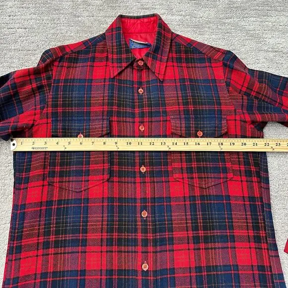 VTG Pendleton Field Shirt Mens 15.5 Red Blue Plaid 100% Wool USA Flannel READ - Picture 9 of 12